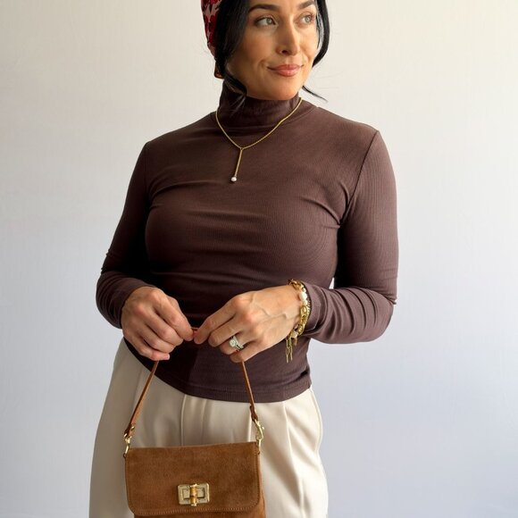 Women’s Ribbed Mock Neck Long-Sleeve Top – Brown - Picture 1 of 8